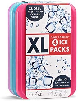 Cool Coolers by Fit & Fresh 4 Pack XL Slim Ice Packs, Quick Freeze Space Saving Reusable Ice Packs for Lunch Boxes or Coolers, Multi