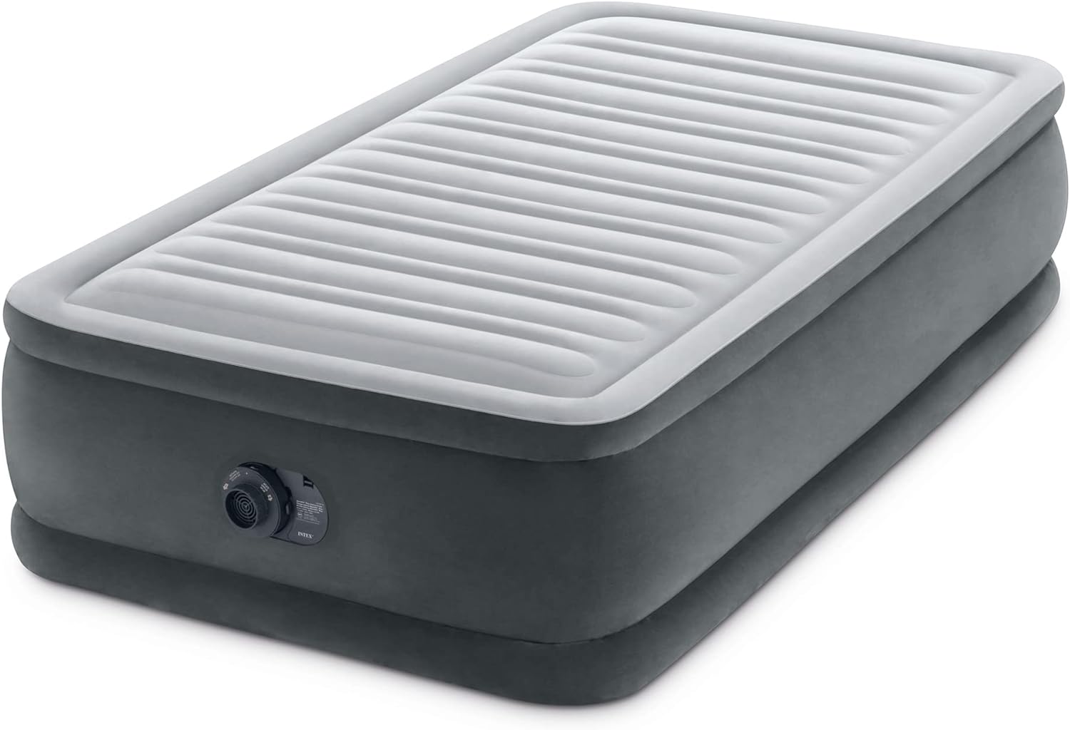 INTEX 64411ED Dura-Beam Deluxe Comfort-Plush Elevated Air Mattress: Fiber-Tech – Twin Size – Built-in Electric Pump – 18in Bed Height – 300lb Weight Capacity