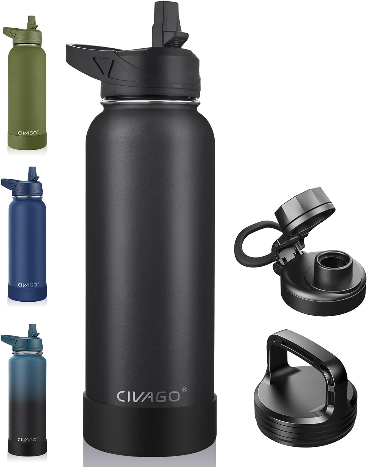 CIVAGO 40 oz Insulated Water Bottle With Straw, Stainless Steel Sports Water Cup Flask with 3 Lids (Straw, Spout and Handle Lid), Double Walled Travel Thermal Canteen Mug, Midnight Black