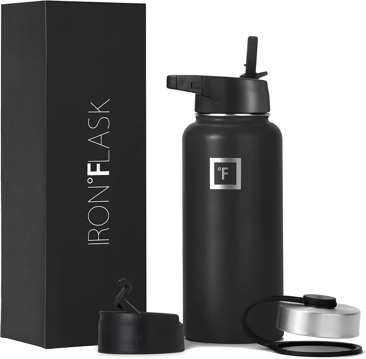 IRON °FLASK Camping & Hiking Hydration Flask, Wide Mouth, 3 Straw Lids, Stainless Steel Outdoor Water Bottle, Double Walled, Insulated Thermos, Metal Canteen - Midnight Black, 32 Oz