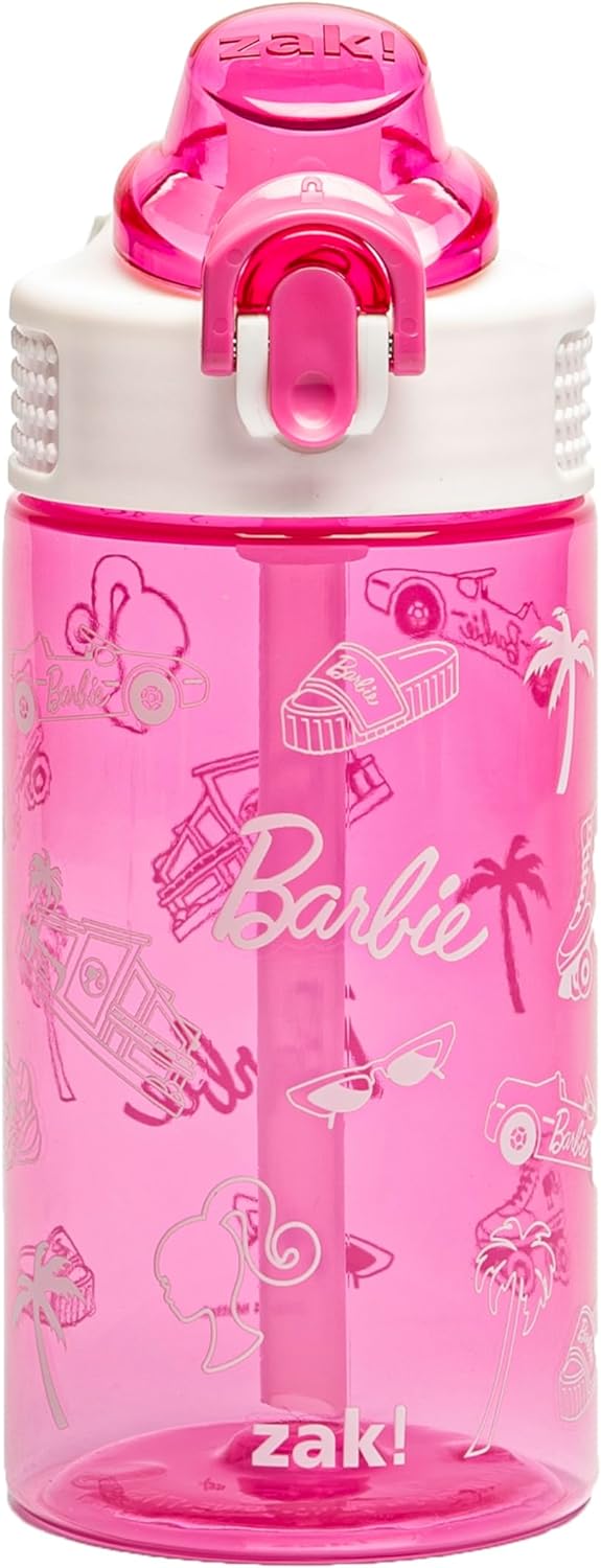 Zak Designs Sage Barbie Water Bottle For School or Travel, 16oz Durable Plastic Water Bottle With Straw, Handle, and Leak-Proof, Pop-Up Spout Cover (Barbie)