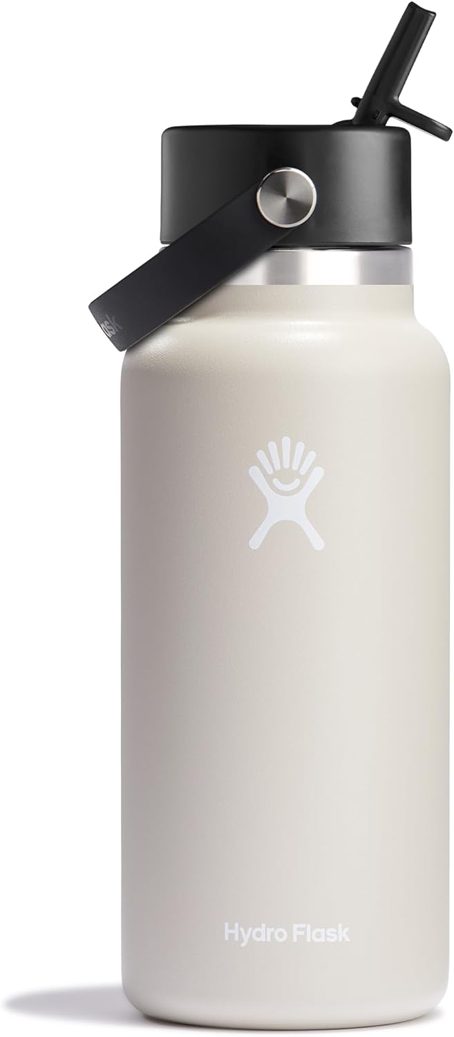 HYDRO FLASK Wide Mouth vacuum insulated stainless steel water bottle with leakproof closeable straw lid for cold water drinks, sports, travel, car and school