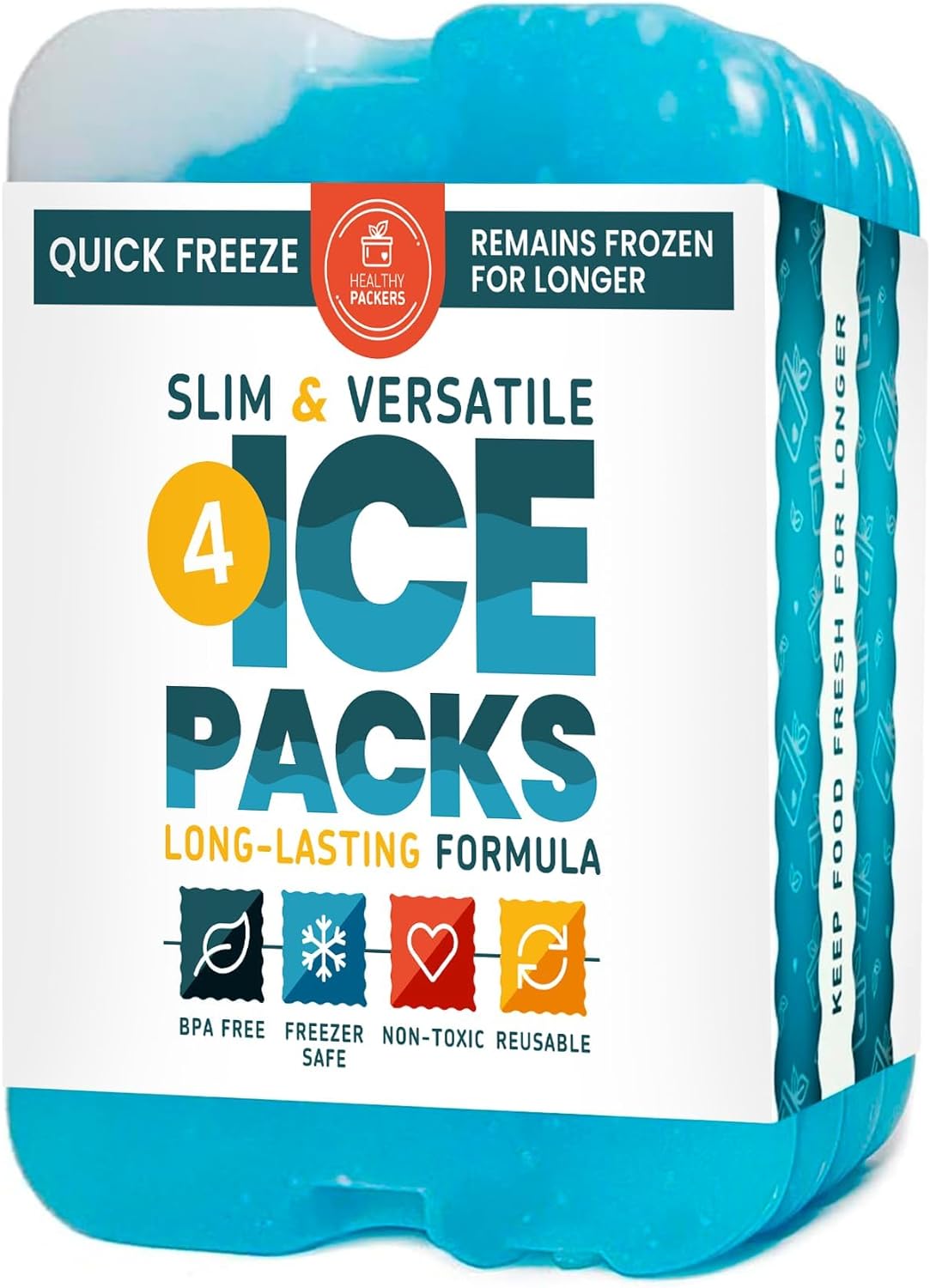 Healthy Packers Ice Packs for Lunch Boxes & Coolers - Freezer Packs - Original Cool Pack | Cooler Accessories for Beach, Camping & Fishing | Slim & Long-Lasting Reusable Ice Pack for Cooler (Set of 4)