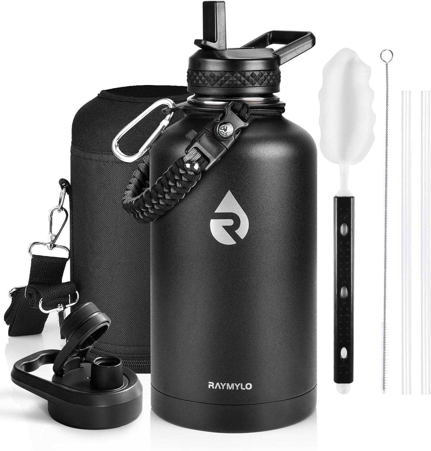 Insulated Water Bottle 64 oz, Triple Wall Vacuum Stainless Steel (Cold for 48 Hrs), Leak Proof & Non-BPA, Half Gallon Water Flask Jug with Paracord Handle & Straw Spout Lids, Magic Black