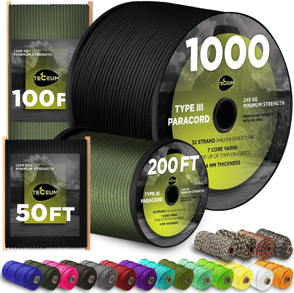 TECEUM Paracord Rope 1000 – 1000ft / 200ft / 120ft / 100ft / 50ft – Tactical Parachute Cord – 45+ Colors – Ideal Nylon String for Survival & Camping Gear – Stripe Cord for Survival – Utility Rope