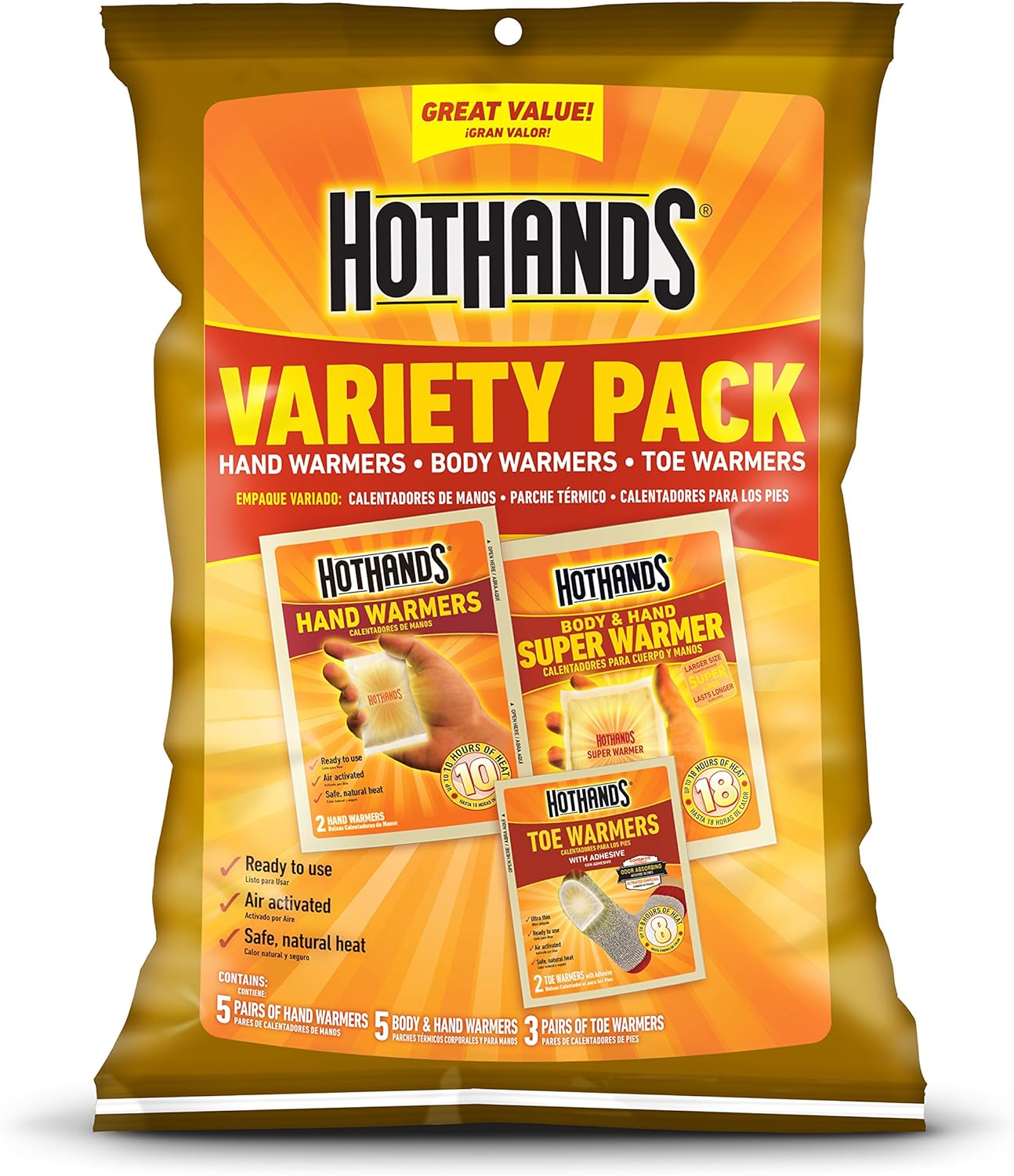 HotHands Toe, Hand, & Body Warmer Variety Pack - Long Lasting Safe Natural Odorless Air Activated Warmers