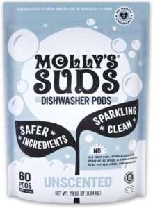 Molly’s Suds Dishwasher Pods | Clean Dishwasher Detergent, Cuts Grease & Rinses Clean (Residue-Free) for Sparkling Dishes | 60 Auto-Release Tabs (Unscented)