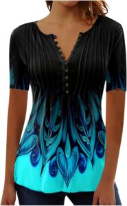 SMIDOW Summer Tops for Women 2026 Trendy Boho Floral Print Tunic Shirts Short Sleeve Button v Neck Tshirt Casual Loose Blouse