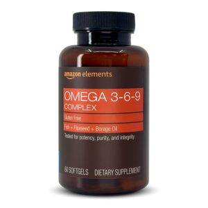 Amazon Elements Omega 3-6-9 Complex of Fish, Flaxseed and Borage Oil – EPA & DHA Omega-3 fatty acids – 60 Softgels, 2 Month Supply