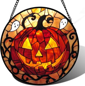 Stained Glass Window Hanging – Halloween Decorations Evil Pumpkin Orange Suncatcher for Doors Garden Indoor Funny Spooky Sun Catchers Gothic Decor Horror Gifts for Women Men Friend 6.3 in