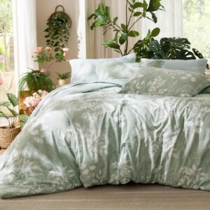 Bedsure Queen Comforter Set – 7 Pieces Floral Sage Green GentleSoft™ Bedding Sets, Queen Bed in a Bag with Botanical Flowers Winter Comforter, Sheets, Pillowcases & Shams