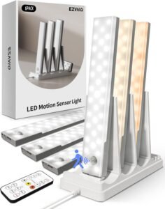 EZVALO 6-Pack Under Cabinet Lighting with Charging Station, 2000mAh Rechargeable Wireless Motion Sensor Lights, 3 Color Temps, Dimmable, Timer, Magnetic, with Remote Control for Kitchen, Closet, Stair