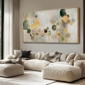 Abstract Canvas Wall Art Gold Circle Painting Green Artwork Framed Wall Prints 29″x 58″ Office Wall Decor Colorful Pictures for Living Room Bedroom