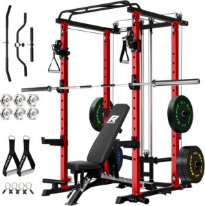 RitFit Multi-Function Garage & Home Gym Package Includes 1200LBS Power Cage PPC03/P3 with Cable Crossover System, Weight Bench, Olympic Barbell Weight Set, Full Body Workout
