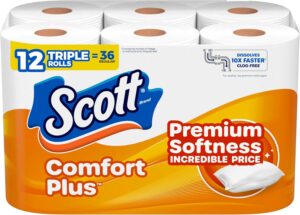 Scott ComfortPlus Toilet Paper, 12 Triple Rolls, 231 Sheets per Roll, Septic-Safe, 1-Ply Toilet Tissue