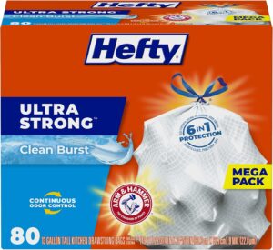 Hefty Ultra Strong 13 Gallon Trash Bags, Tall Kitchen Trash Bags 13 Gallon Size, Drawstring Closure, Continuous Odor Control, White, Clean Burst Scent, 80 Bags