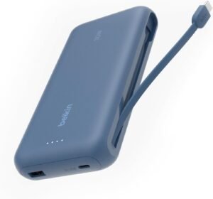 Belkin Power Bank with Integrated Cable, Fast Charging USB-C, 20000 mAh 30W, Portable Charger Power Bank USB C for iPhone 17, Air, Pro, Pro Max, iPad, AirPods, Apple Watch, Galaxy S25, & More – Blue