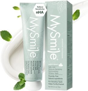 MySmile Fluoride Free Nano Hydroxyapatite Toothpaste for Sensitive Teeth, Strengthens Enamel, Remineralizes & Whitens Teeth, Freshens Breath for Adults, SLS Free, Natural Misty Mint, 4.2 oz
