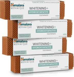 Himalaya Fluoride Free, Botanique Whitening+Nano Hydroxyapatite Toothpaste, Mint Flavor-Support Remineralization and Restore Enamel to Strengthen Teeth, for Sensitive Teeth, 4 oz (Pack of 4)