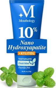 Mouthology 10% Nano Hydroxyapatite Toothpaste Fluoride Free, Whitening*, Rod Shaped nHa, Xylitol Toothpaste for Adults, Enamel Care*, Sensitive Teeth*, SLS Free, Mint 4oz (USA Made) Package May Vary