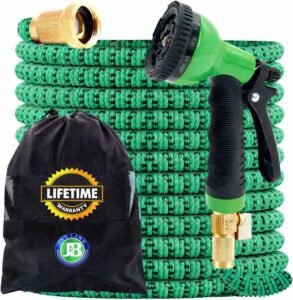 J&B XpandaHose 100ft Expandable Garden Hose – Ultra-Strong 3750D, 4-Layer Latex Core, Brass 3/4″ Connectors, 10-Pattern Nozzle & Storage Bag – Lightweight, Kink-Reducing, Leak-Resistant