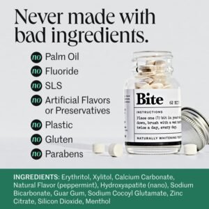 Bite Whitening Toothpaste Tablets – 2 Months – Fluoride Free, Nano Hydroxyapatite + Xylitol, Mint – Vegan, Cruelty-Free, Made in USA, Sensitive Teeth, Travel Size, Adults, Kids, (2 Bottles, 124 Tabs)