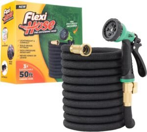 Flexi Hose Expandable Garden Hose with 8 Function Nozzle, 50FT – Lightweight Retractable Garden Hose, Water Hose – No-Kink Flexibility, 3/4 Inch Solid Brass Fittings and Double Latex Core
