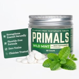 PRIMALS Fluoride-Free Toothpaste Tablets – Nano Hydroxyapatite – Zero Artificial Flavors or Plastic – Remineralizes & Whitens Teeth – 60 Count (1 Month Supply)