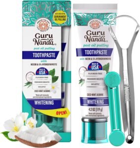 GuruNanda Hydroxyapatite Toothpaste for Whitening with Neem & Xylitol, SLS & Fluoride Free Formula with Tongue Scraper & Squeezer – Freshens Breath, Fights Plaque – Natural CocoMint Jasmine, 4.2oz