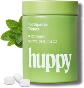 Huppy Toothpaste Tablets, Nano Hydroxyapatite, Fluoride Free and Plastic Free, Natural Whitening, Remineralizing, SLS Free, Travel Friendly Chewable Tabs, Peppermint Flavor, 62 Count (1 Month Supply)