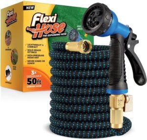 Flexi Hose Expandable Garden Hose with 8 Function Nozzle, 50FT – Lightweight Retractable Garden Hose, Water Hose – No-Kink Flexibility, 3/4 Inch Solid Brass Fittings and Double Latex Core