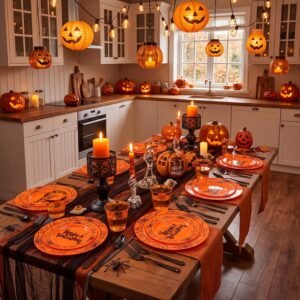 Orange and Black Halloween Plastic Dinnerware Set